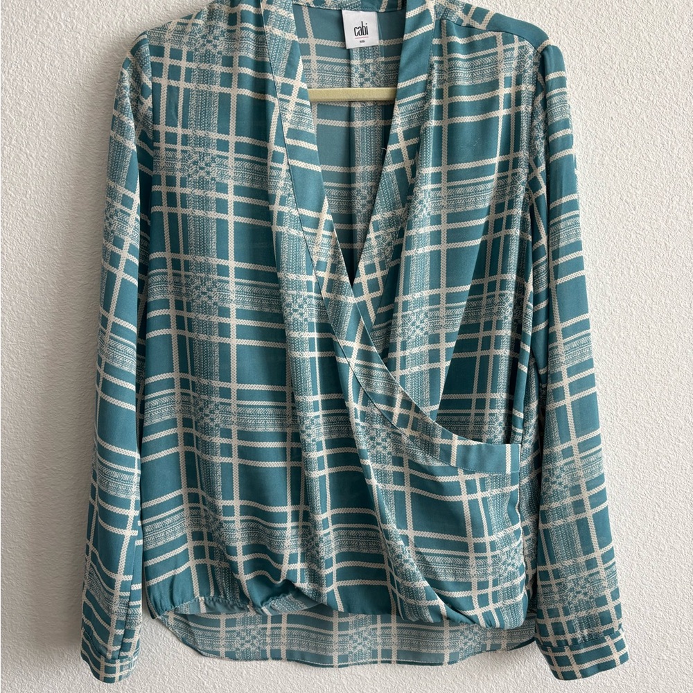 CAbi Teal and White Plaid Blouse